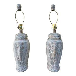 A Pair of Large 1990s Coastal / Bohemian Style Elephant Table Lamps by Pacific Coast Lamps.