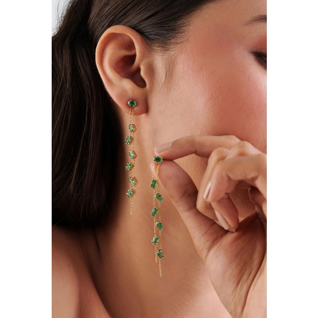 3.25ct Emerald Double Chain Long Dangle Earrings in 14k Solid Gold- A Pair For Sale In New York - Image 6 of 15