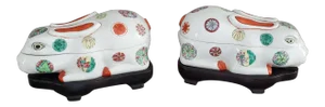Antique Japanese Porcelain Rabbit Kogo Lidded Incense Box - a Pair