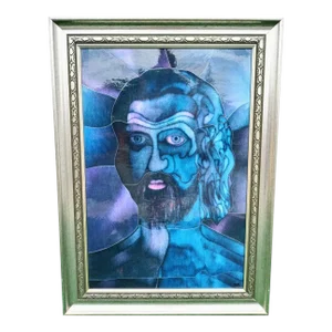 Custom Made Mosaic Collage Bright Blue Framed Portrait of Man Wall Art Signed