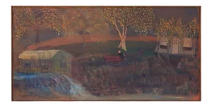 Outsider Art "Man in Carriage" Oil on Panel by Bruno Del Favero