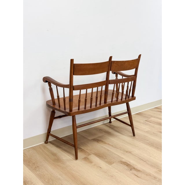 Vintage Maple Spindle Two-Seat Bench Double Crest Turned Legs Farmhouse For Sale - Image 4 of 18