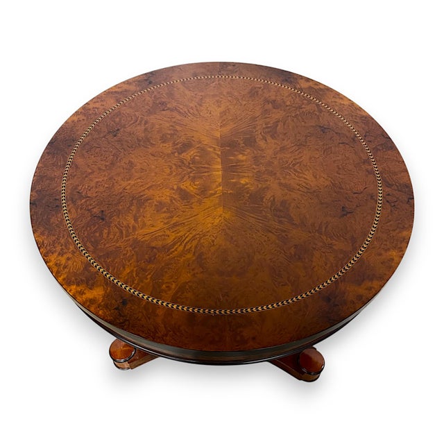 1970s Regency-Style Burl Walnut & Ebony Pedestal Center Table With Marquetry Inlay - Refinished For Sale - Image 5 of 10