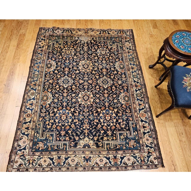 Vintage Persian Malayer Area Rug, Hand-Knotted Wool, Geometric Pattern, 5x7, Navy & Ivory For Sale - Image 10 of 18