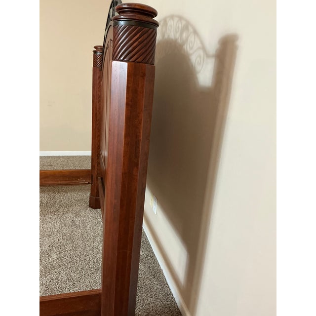1990s 1990s Queen Bed Frame – Solid Wood & Wrought Iron Scroll, Carved Posts For Sale - Image 5 of 8