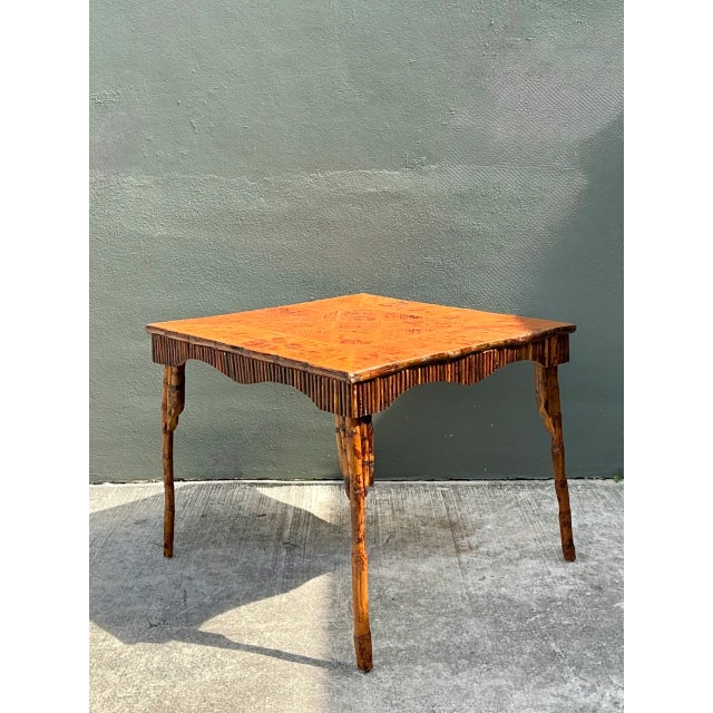 Late 20th Century Vintage Light Bamboo Parquetry Game Table For Sale - Image 5 of 12