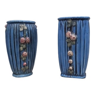 1915 Weller Art Pottery Blue Drapery Pair (2x) of Vases For Sale