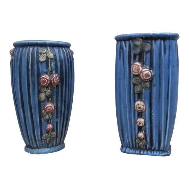 1915 Weller Art Pottery Blue Drapery Pair (2x) of Vases For Sale