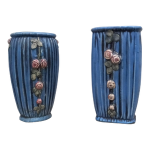 1915 Weller Art Pottery Blue Drapery Pair (2x) of Vases