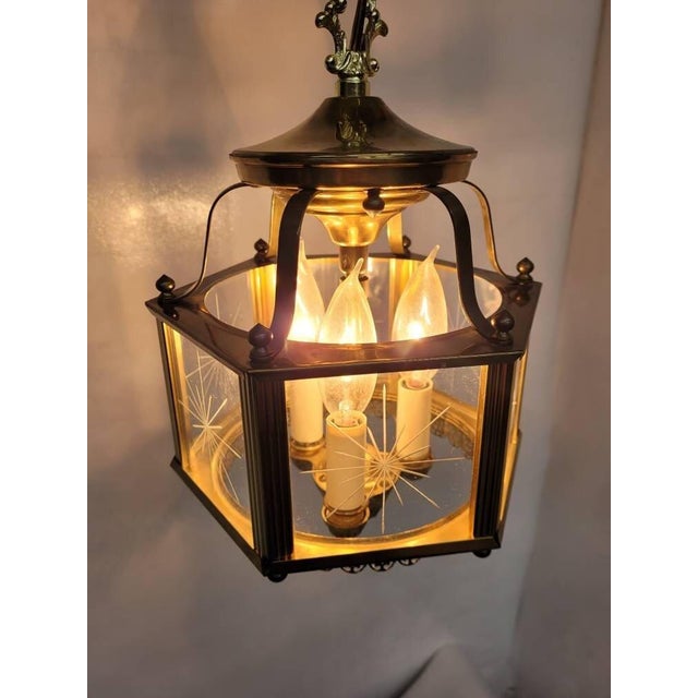 Vintage Brass Lantern Neo Decor Starburst Etched Glass Chandelier Entryway, Old World Glam For Sale - Image 10 of 10