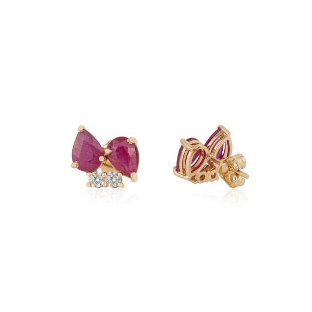 2.9ctw Pear Mozambique Ruby & Diamond Cluster Stud Earrings in 14k Gold- 2 Pieces For Sale In New York - Image 6 of 12
