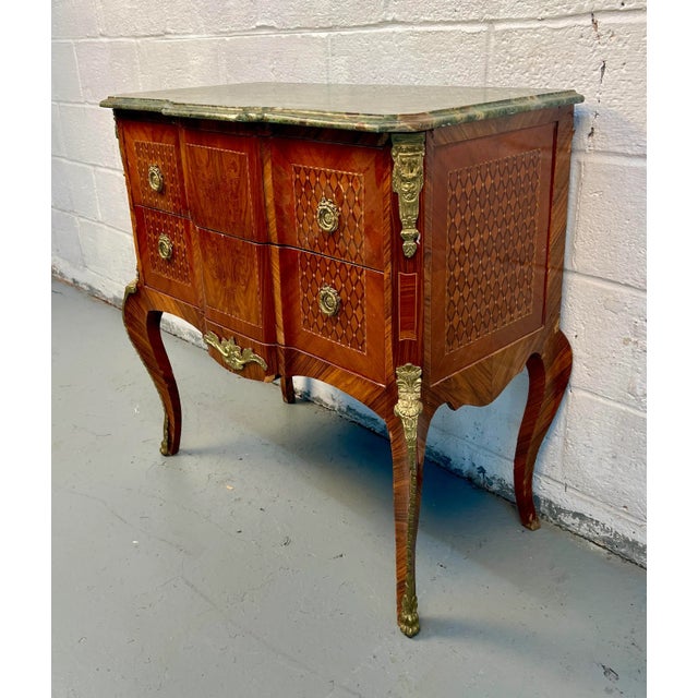 French Antique Marble Top Commode Bombe Chest With Marquetry Inlay For Sale - Image 3 of 15