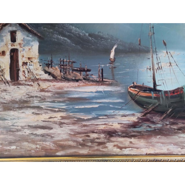 An atmospheric and finely textured oil painting on canvas depicting a tranquil coastal scene under a moody moonlit sky....