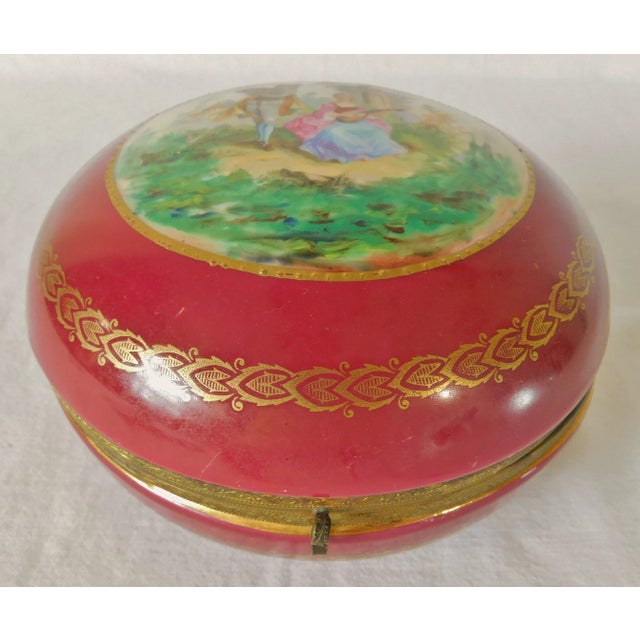 Figurative Large Vintage Germany Round Hand Painted Pink & Gold Figural Porcelain & Brass Triinket Jewelry Box For Sale - Image 3 of 8