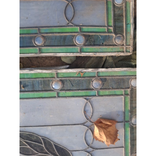 Art Nouveau Two Sets of Art Nouveau Style Floral and Ribbon or Wreath Motifs, Complete With Green and White Opalescent/Textured Glass and Jewel Accents For Sale - Image 3 of 6