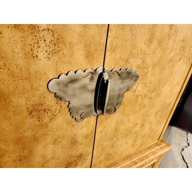 absolutely incredible Henredon "Circa East" bar cabinet in a gorgeous hand-applied finish, with silver-plated brass...