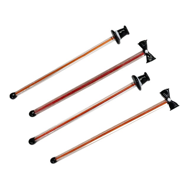 Vintage Blown Glass Top Hat Bowtie Swizzle Stir Sticks, S/4 For Sale