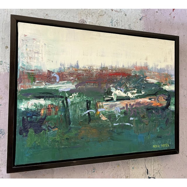 “Emerald Sky”, Original Oil Painting, Framed, by Van Ness 26”x20”x3”, Wood frame. Nancy Van Ness – Artist Statement Nancy...