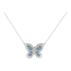 Natural Blue and White Diamond Cluster Butterfly Charm Floating Pendant Necklace