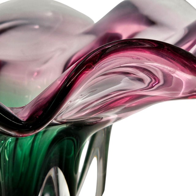 Murano Style Sommerso Art Glass Ruffled Centerpiece Bowl Pink Green 20" For Sale - Image 10 of 17