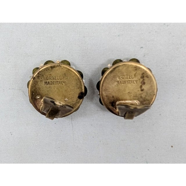 Metal Vintage 1960s Signed Ornella Italy Round Green Beaded Clip Earrings-2 Pieces For Sale - Image 7 of 8