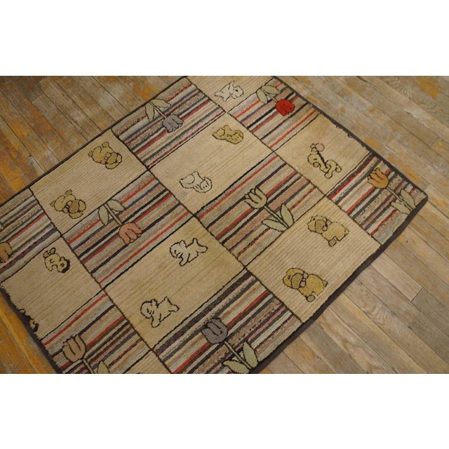 Antique American hooked rug measures: 3'0" x 4'0". Antique American Hooked Allover Geometric Wool Ivory Beige Cream White...