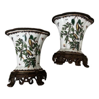 Pair of Fine Porcelain and Bronze Vases With Bird and Insect Motiff For Sale