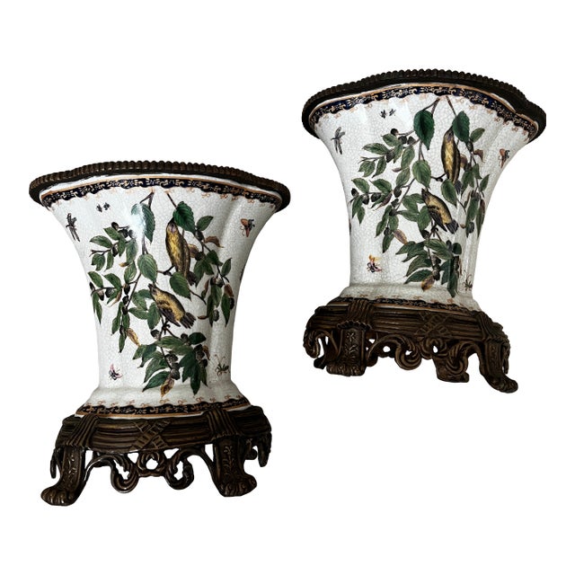 Pair of Fine Porcelain and Bronze Vases With Bird and Insect Motiff For Sale