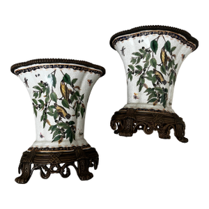 Pair of Fine Porcelain and Bronze Vases With Bird and Insect Motiff