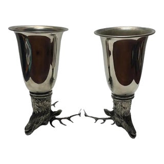 1970's Gucci Stag Silver-Plated Large Stirrup Cup Goblets - Set of 2 For Sale