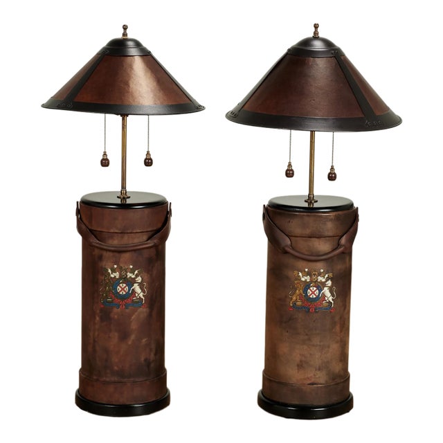 1920s Antique English Leather Bucket Table Lamps With Armorial Crests - a Pair For Sale
