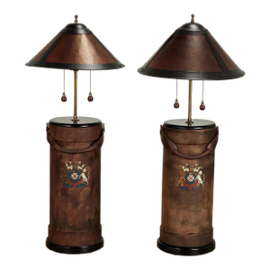 1920s Antique English Leather Bucket Table Lamps With Armorial Crests - a Pair