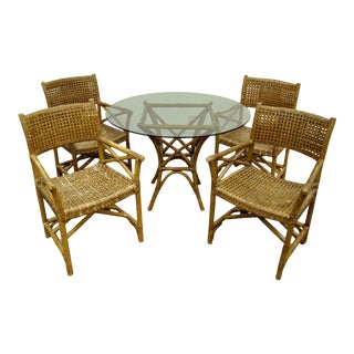 Faux Bamboo Rattan Sunroom Dining Patio Set Table 4 Chairs McGuire Antalya Style For Sale