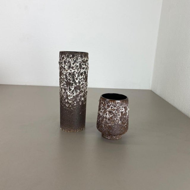 Set of Two Pottery Fat Lava Vases Crusty Brown-White from Jopeko, Germany, 1970s, Set of 2 For Sale - Image 3 of 18