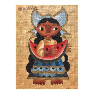 Jose Maria de Servin, Folk Art Mexican Girl with Watermelon Oil Painting on Burlap