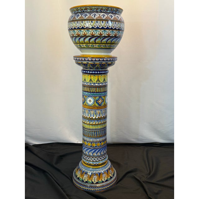 Franco Mari Deruta Hand-Painted Italian Maiolica Jardinière and Pedestal For Sale - Image 4 of 12