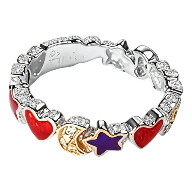 Late 20th Century Size 6.25 18K White Gold Hidalgo Diamond Authentic Enamel Heart Moon Star Band For Sale
