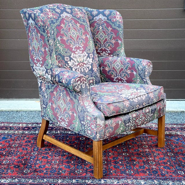 Vintage Wesley Hall Block Leg Chippendale Style Tapestry Wingback Lounge Chair For Sale - Image 11 of 12