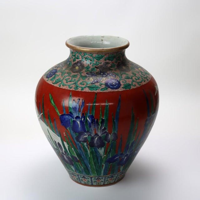 Antique Japanese Meiji Aesthetic Figural & Floral Pottery Vase With Heron C1900 For Sale - Image 4 of 11