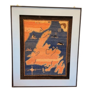 Vintage Framed Grenfell Newfoundland and Labrador Map Hooked Mat c.1936 For Sale