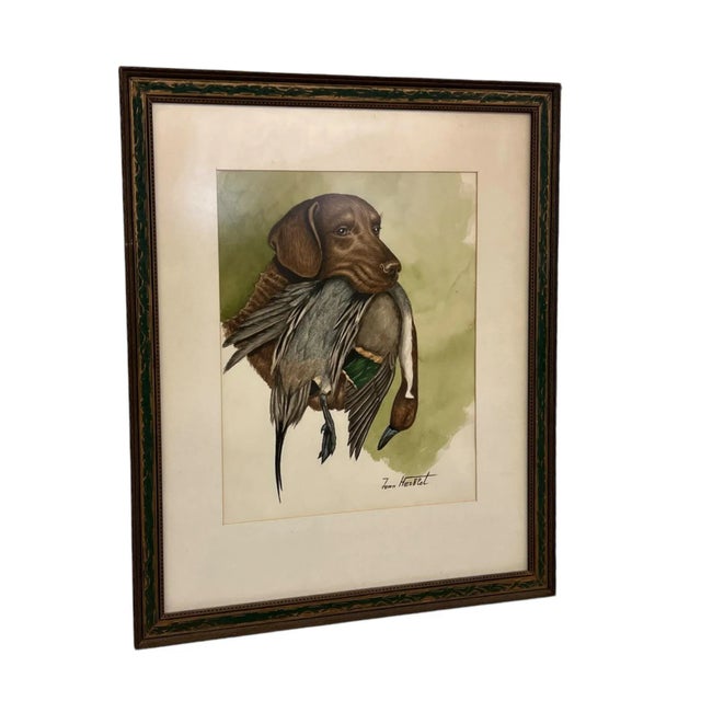 1970s 1970s Original Hunting Dog With Foul Watercolor Painting by French Artist and Cartoonist Jean Herblet Signed, Framed For Sale - Image 5 of 7