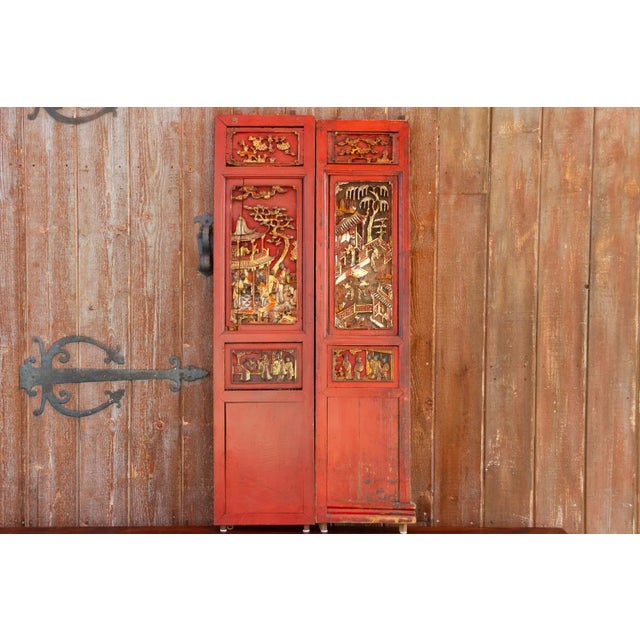 Chinese Antique Scarlet Red Gilt Asian Panels For Sale - Image 3 of 10