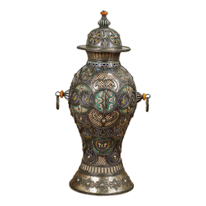 Large Vintage Moroccan Earthenware and Metal Lidded Urn