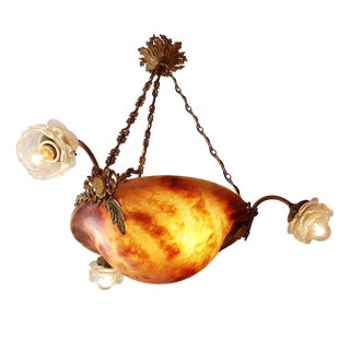 Antique French Chandelier with Satin Ruffled Vianne Lampshades For Sale