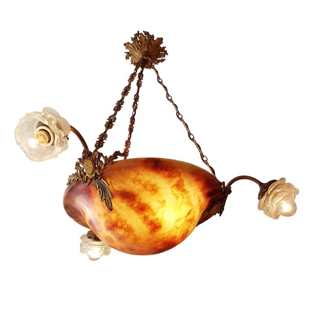 Antique French Chandelier with Satin Ruffled Vianne Lampshades For Sale