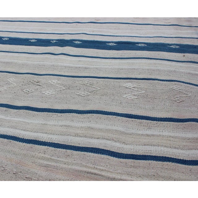 Mid 20th Century Vintage Flat-Weave Kilim With Navy Blue, Light Green & Taupe in Striped Design For Sale - Image 5 of 7