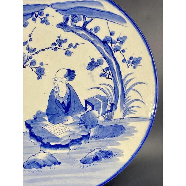 Large Japanese Hand-Painted Blue and White Dish, 19th Century For Sale - Image 3 of 12