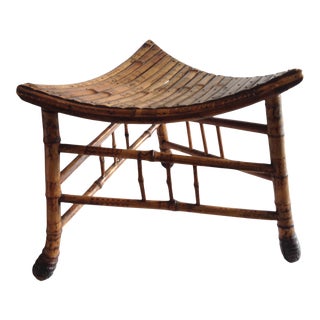 Antique Burnt Bamboo Chinese Triangle Stool with Root Feet For Sale