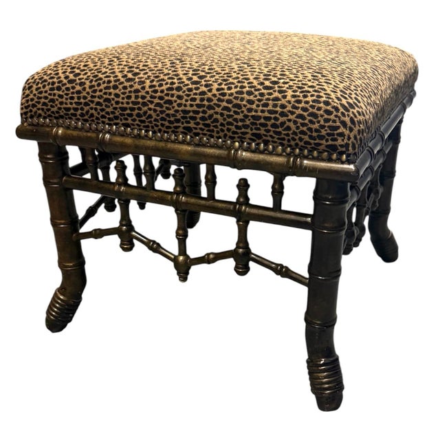 Hickory Chair faux bamboo stool. Square shape. Faux tortoise finish to wood. Leopard upholstered top. Brass nailheads.