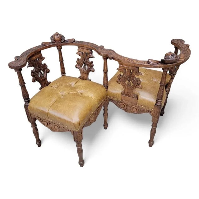 Antique Italian Renaissance Revival Carved Tufted Tete-a-Tete Settee Newly Reupholstered in Leather For Sale - Image 9 of 10